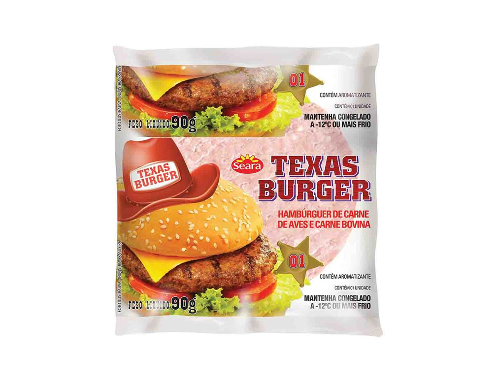 HAMBÚRGUER MÉDIO DE CARNE DE FRANGO E CARNE BOVINA TEXAS BURGUER SEARA 90 G (CX 36 UN)